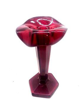 Vintage Ruby Red Glass Pedestal Vase with Flared Top & Hexagonal Base